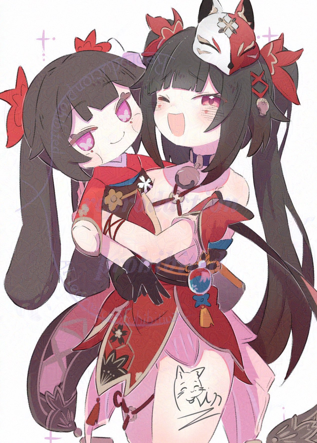 inaririn, sparkle (honkai: star rail), honkai: star rail, honkai (series), highres, 1girl, bare shoulders, bell, black gloves, black hair, blush, dress, fox mask, gloves, long hair, looking at viewer, mask, mask on head, mole, mole under eye, one eye closed, open mouth, pink eyes, red dress, simple background, smile, twintails, very long hair, white background