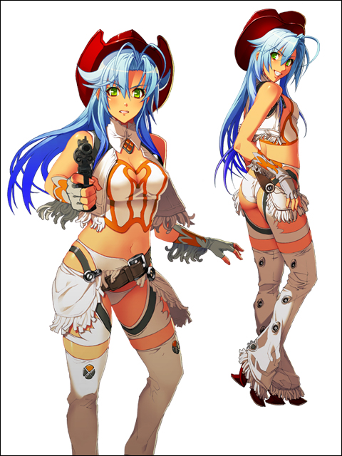 nishii (damnedrive), franco il nero, nitroplus, zoku satsuriku no django, non-web source, 1girl, blue hair, breasts, cleavage, cowboy hat, cowboy western, fringe trim, full body, green eyes, hat, long hair, midriff, multiple views, standing, thighhighs