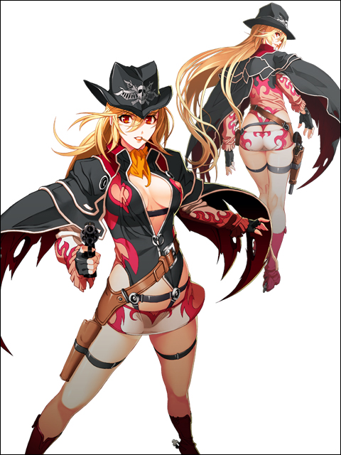 nishii (damnedrive), donne anonime, nitroplus, zoku satsuriku no django, non-web source, 1girl, blonde hair, breasts, cleavage, female focus, gun, handgun, hat, holster, large breasts, long hair, pistol, red eyes, revolver, solo, thigh strap, weapon