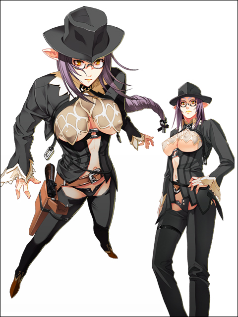 nishii (damnedrive), lily salvatana, nitroplus, zoku satsuriku no django, non-web source, 1girl, belt, black panties, boots, braid, breasts, cowboy hat, cowboy western, elf, facial mark, forehead mark, foreshortening, from above, full body, glasses, gun, hair ornament, hand on own hip, handgun, hat, hip focus, holster, large breasts, lipstick, long hair, makeup, midriff, multiple views, panties, pistol, pointy ears, purple hair, revolver, simple background, standing, thigh holster, thigh strap, underboob, underwear, weapon