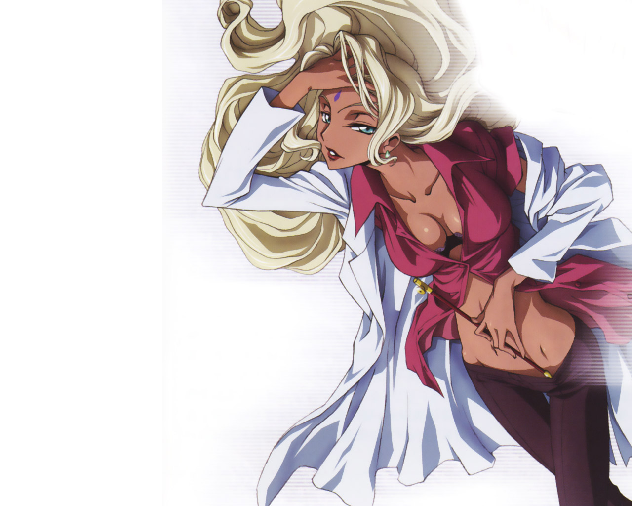 rakshata chawla, code geass, non-web source, official art, official wallpaper, 00s, 1girl, blonde hair, breasts, cleavage, dark-skinned female, dark skin, female focus, lab coat, large breasts, long hair, lying, midriff, shirt, solo