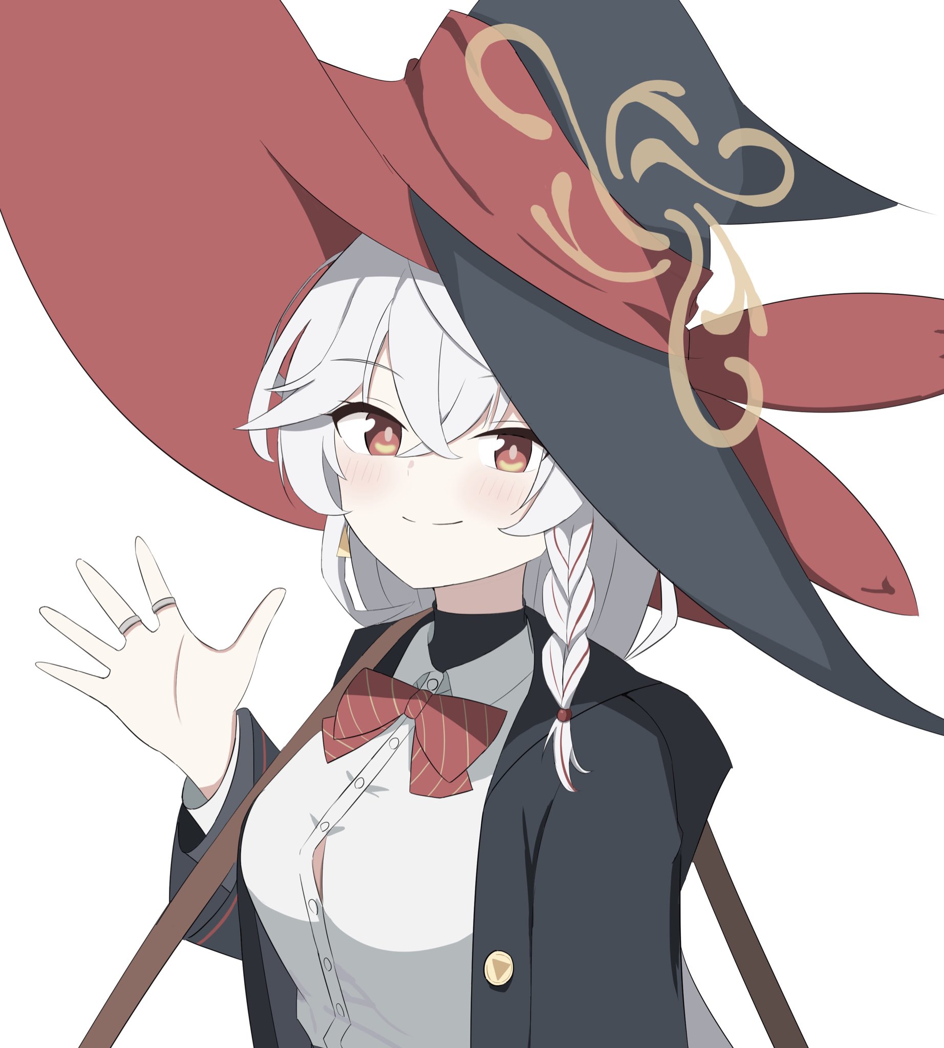 eri (blue archive), blue archive, highres, 1girl, black jacket, blush, bow, bowtie, braid, breasts, closed mouth, hat, jacket, jewelry, large breasts, looking at viewer, open clothes, open jacket, red eyes, ring, shirt, si shirono, smile, solo, upper body, white hair, white shirt, witch hat