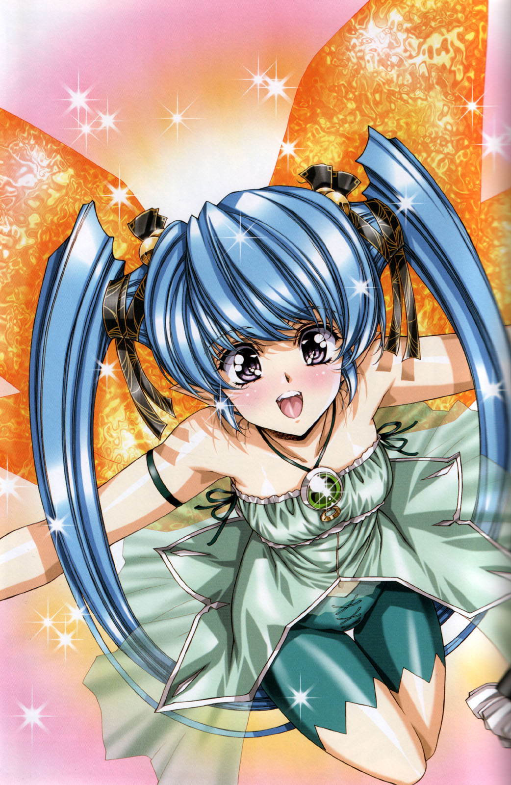 urushihara satoshi, korin, growlanser, growlanser v, highres, scan, armpits, bare shoulders, blue hair, dress, hair bobbles, hair ornament, hair ribbon, jewelry, necklace, pointy ears, purple eyes, ribbon, shorts, solo, sparkle, twintails, wings