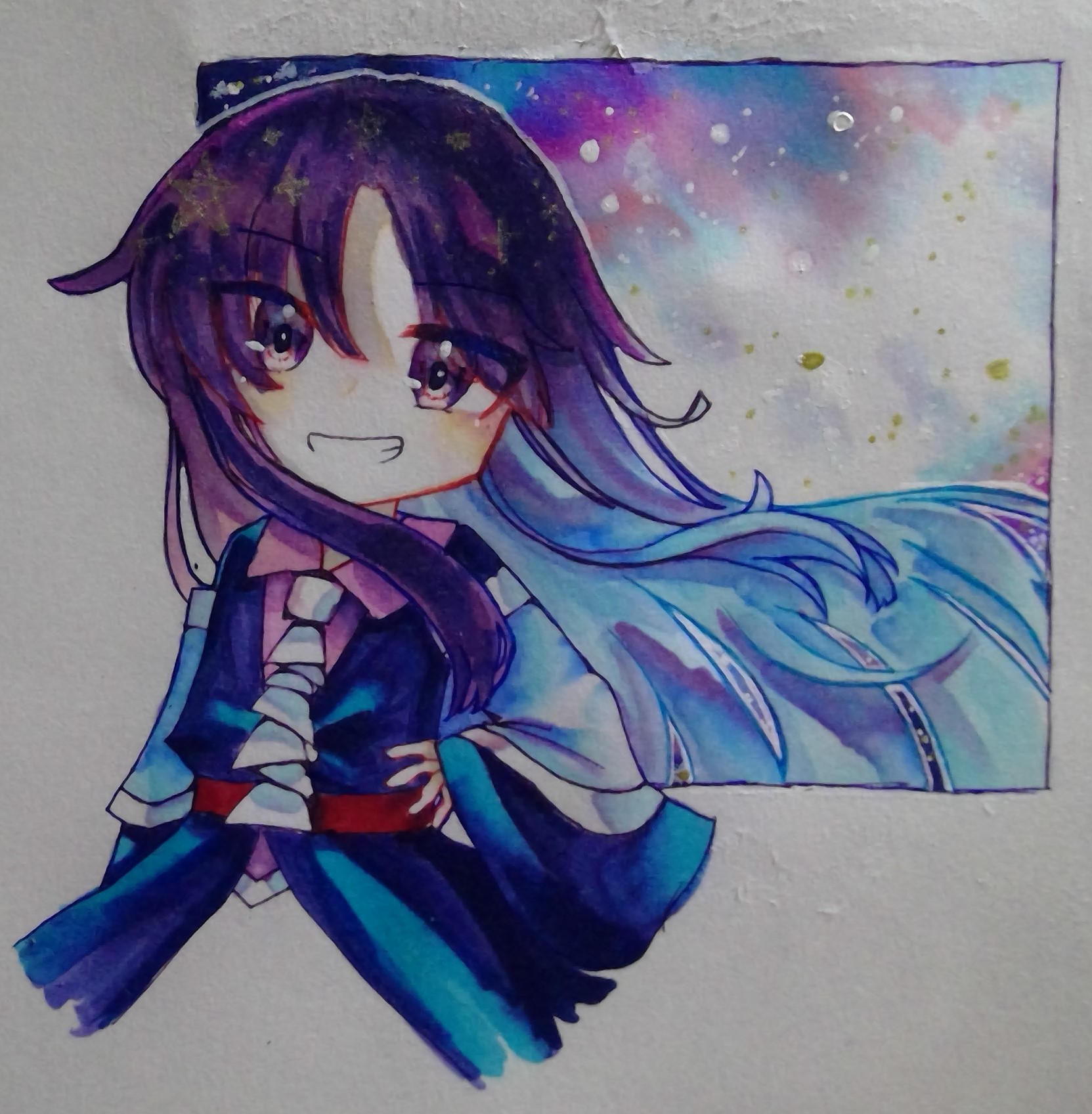 clause (len'en), len'en, highres, photo (medium), traditional media, 1other, androgynous, ascot, belt, blue coat, blue hair, blue shawl, coat, collared shirt, cropped torso, eyes visible through hair, floating hair, gradient hair, grin, hand on own hip, happy, hiyukitomousu, light blush, long hair, long sidelocks, long sleeves, multicolored hair, other focus, parted bangs, pink shirt, purple eyes, purple hair, red belt, shawl, shirt, sidelocks, sleeves past wrists, smile, solo, space, very long hair, white ascot, wide sleeves