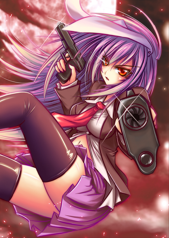 suzuneko (yume no kyoukai), reisen udongein inaba, touhou, bad id, bad pixiv id, 1girl, aiming, aiming at viewer, animal ears, black thighhighs, blazer, breasts, crazy eyes, dual wielding, female focus, gun, handgun, holding, jacket, large breasts, midriff, miniskirt, moon, necktie, pistol, rabbit ears, red eyes, red necktie, skirt, solo, thighhighs, weapon, zettai ryouiki