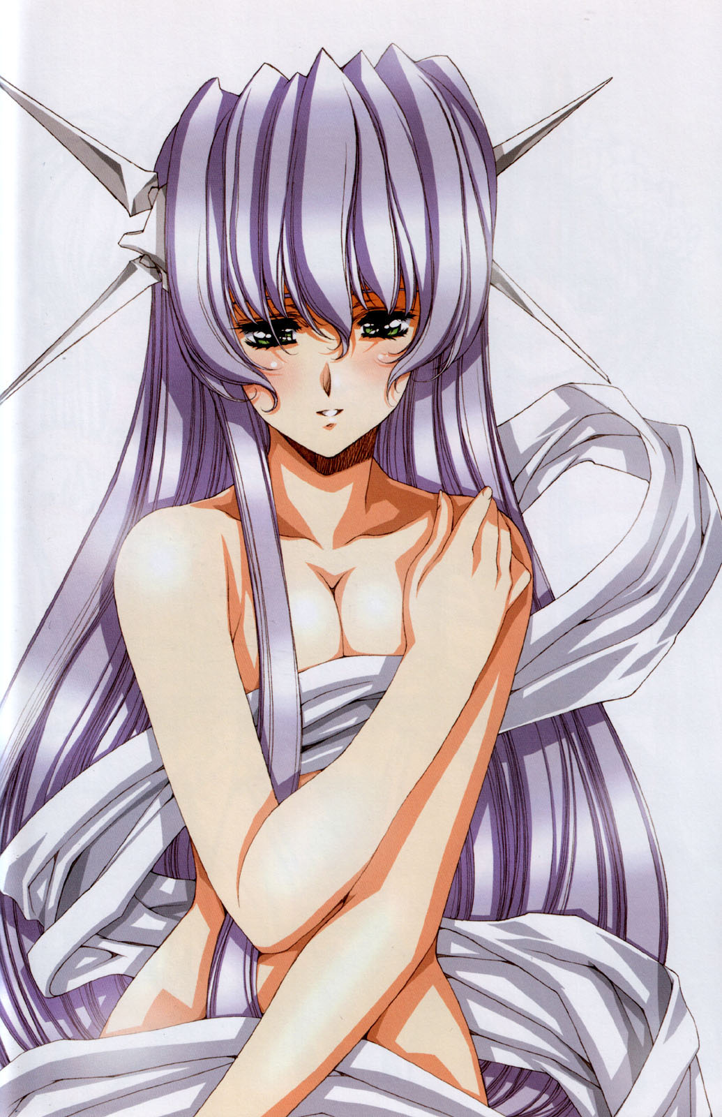urushihara satoshi, frane, frayne (growlanser), growlanser, growlanser iv, light purple hair, highres, official art, scan, 1girl, bed sheet, blush, breasts, breasts squeezed together, cleavage, collarbone, cowboy shot, female focus, green eyes, hair between eyes, half-closed eyes, hand on own chest, headgear, hip focus, long hair, looking at viewer, naked sheet, parted lips, purple hair, sidelocks, simple background, smile, solo, very long hair, white background