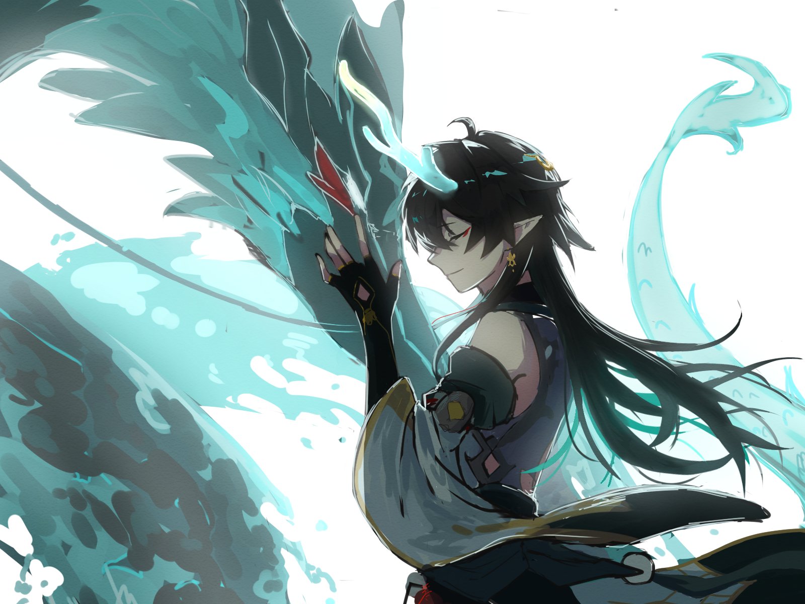 dan heng (honkai: star rail), dan heng (imbibitor lunae) (honkai: star rail), honkai: star rail, honkai (series), highres, official art, 1boy, aqua horns, bare shoulders, black gloves, black hair, closed mouth, detached sleeves, dragon, dragon boy, dragon horns, earrings, fingerless gloves, gloves, hair between eyes, hand up, horns, jewelry, long hair, male focus, pointy ears, sakln chan, simple background, smile, solo, upper body, white background