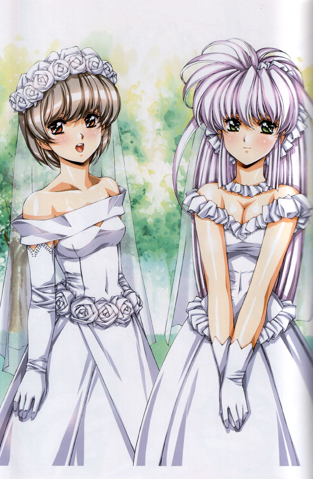 urushihara satoshi, d-ln, d-tp, growlanser, growlanser iv, highres, 2girls, bride, brown eyes, brown hair, dress, elbow gloves, gloves, green eyes, multiple girls, purple hair, wedding dress