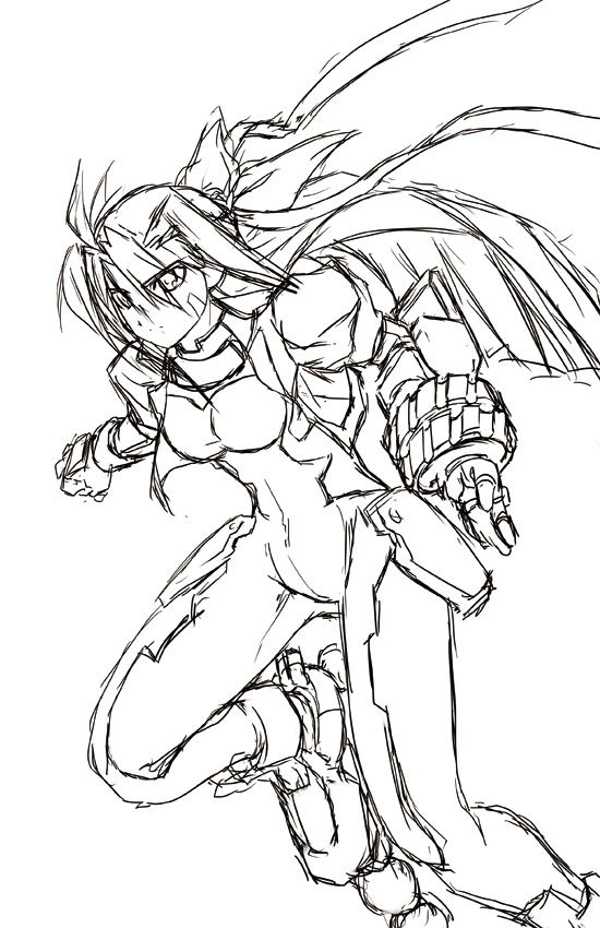 blitz caliber, ginga nakajima, revolver knuckle, lyrical nanoha, mahou shoujo lyrical nanoha, mahou shoujo lyrical nanoha strikers, 00s, 1girl, female focus, greyscale, monochrome, sketch, solo