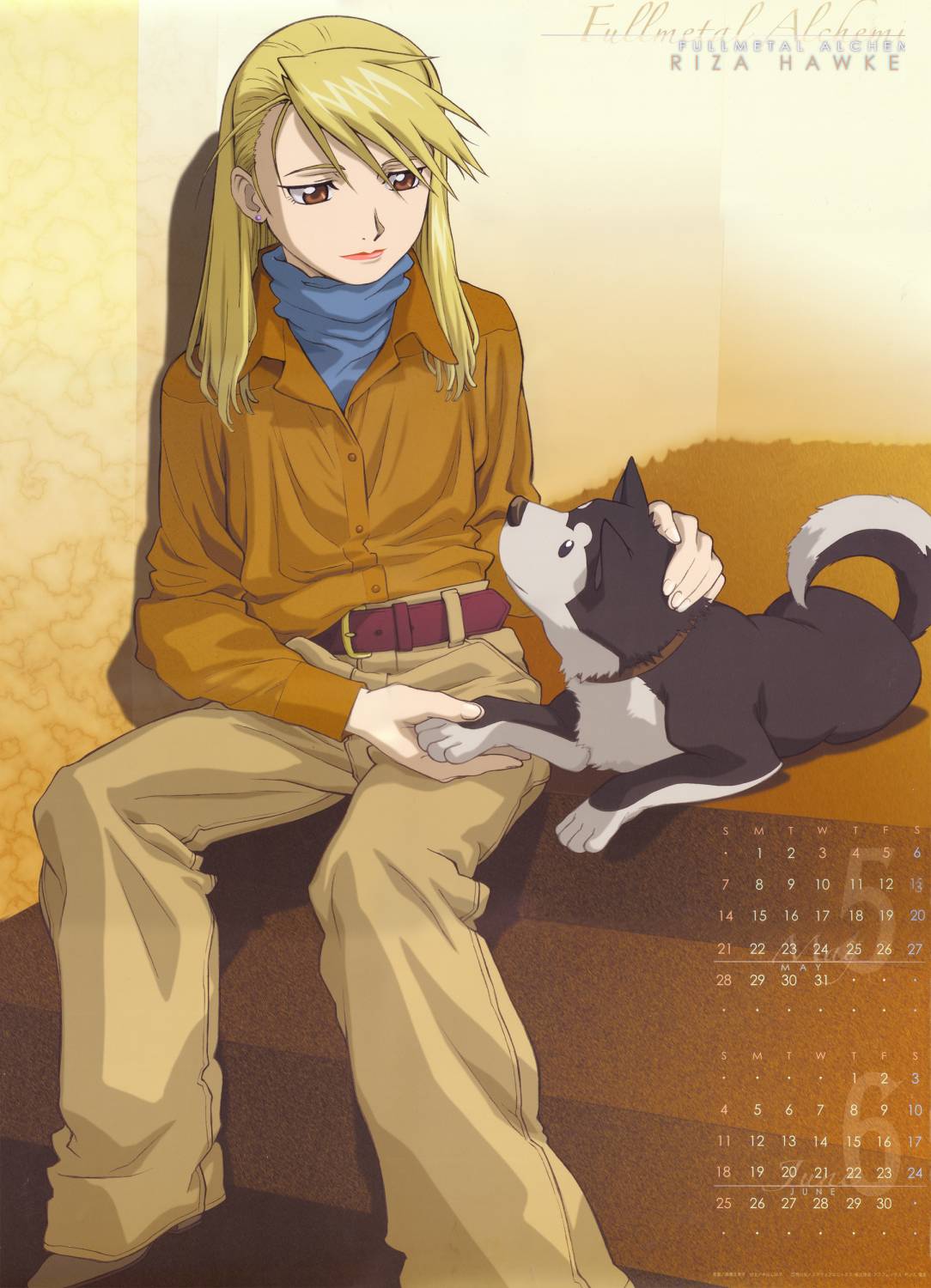 black hayate, riza hawkeye, fullmetal alchemist, highres, official art, scan, belt, blonde hair, brown eyes, dog, earrings, hair down, jewelry, long hair, pet, turtleneck