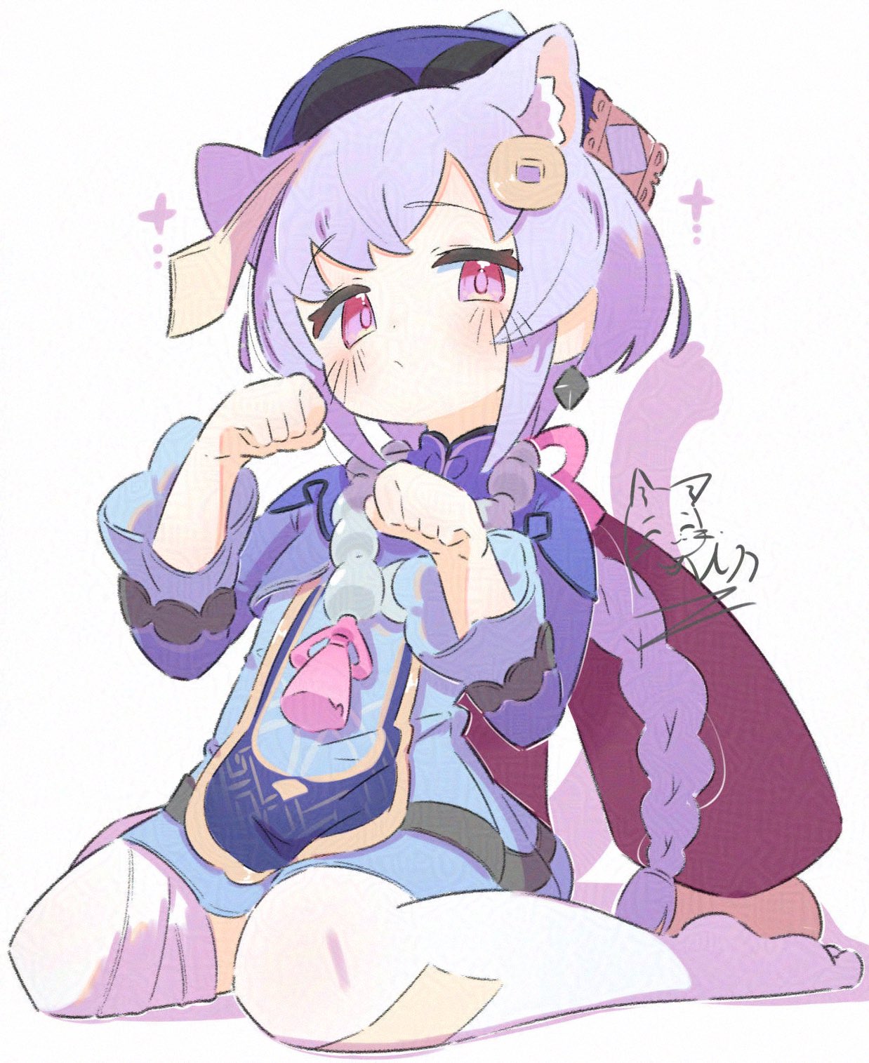inaririn, qiqi (genshin impact), genshin impact, highres, 1girl, animal ear fluff, animal ears, bandaged leg, bandages, beads, blue dress, blush, braid, braided ponytail, cat ears, cat girl, cat tail, closed mouth, coin hair ornament, dress, earrings, full body, hair ornament, hat, jewelry, jiangshi, kemonomimi mode, long hair, long sleeves, looking at viewer, necklace, no shoes, ofuda, pink eyes, purple eyes, purple hair, qingdai guanmao, signature, simple background, single braid, sitting, solo, tail, thighhighs, very long hair, wariza, white background, white thighhighs