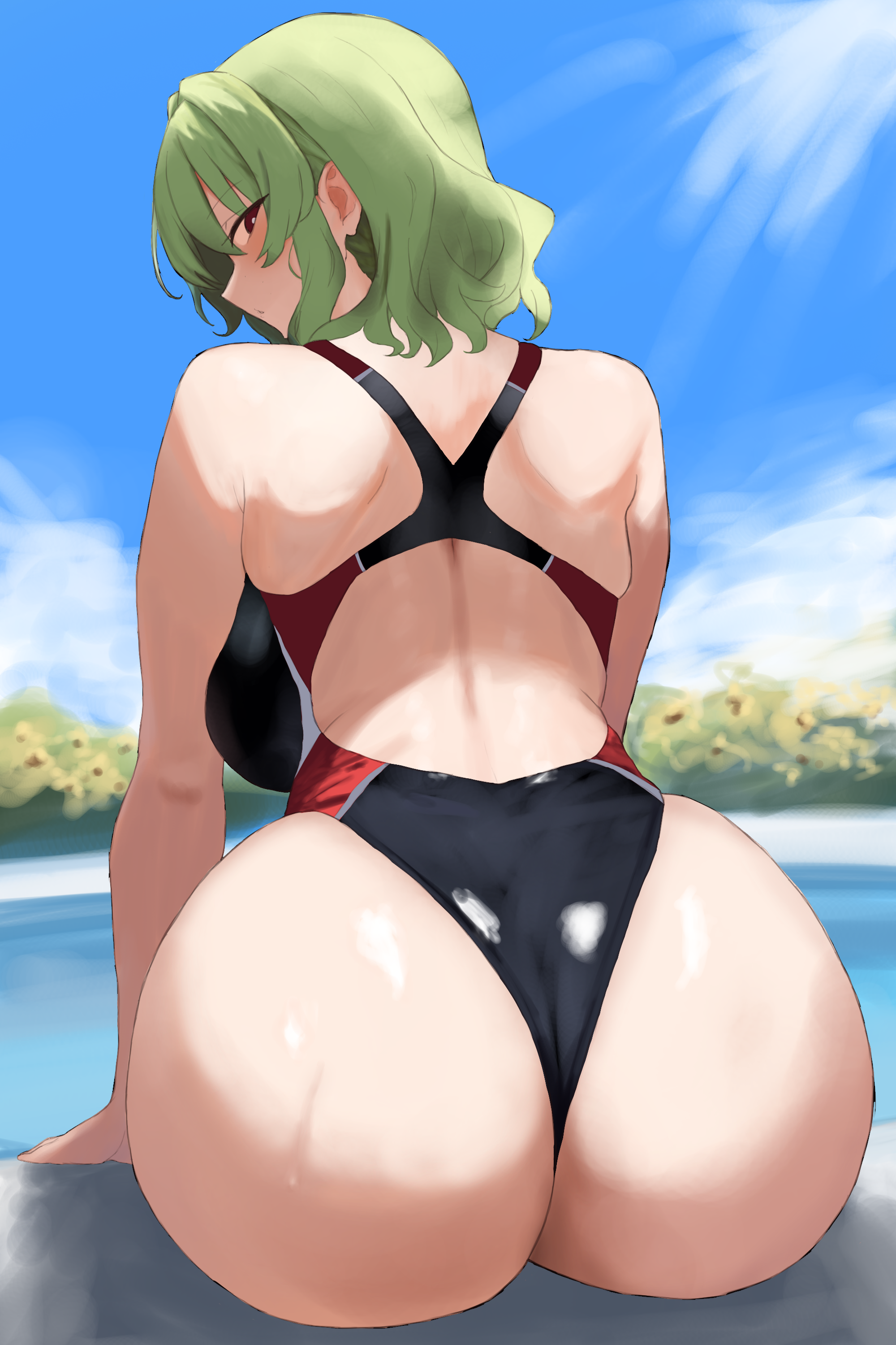 moriforest1040, kazami yuuka, touhou, absurdres, commentary request, highres, 1girl, ass, black one-piece swimsuit, blue sky, blush, breasts, cloud, dated commentary, from behind, green hair, hair intakes, huge ass, large breasts, looking at viewer, looking back, one-piece swimsuit, outdoors, red eyes, short hair, sky, solo, swimsuit