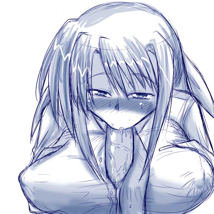 mitsurugi tsurugi, ginga nakajima, lyrical nanoha, mahou shoujo lyrical nanoha, mahou shoujo lyrical nanoha strikers, 00s, 1girl, :>=, breasts, fellatio, large breasts, monochrome, oral, paizuri, paizuri under clothes, penis, solo focus, uncensored
