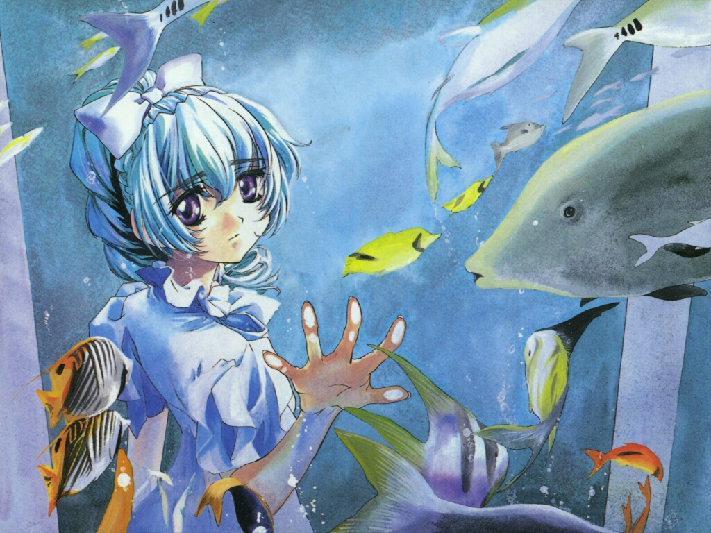 shikidouji, teletha testarossa, full metal panic!, silver hair, painting (medium), traditional media, watercolor (medium), 00s, 1girl, angelfish, aquarium, blue hair, bow, dress, female focus, fingernails, fish, long fingernails, ponytail, raised eyebrows, solo, tropical fish, water, white dress