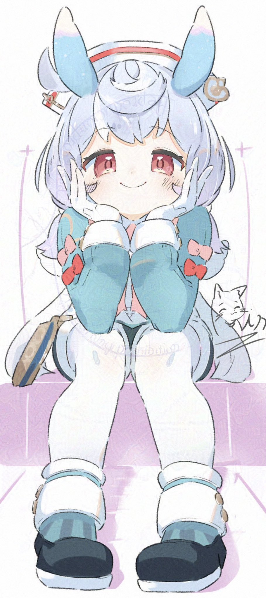 inaririn, sigewinne (genshin impact), genshin impact, highres, 1girl, animal ears, artist name, blue hair, blush, bow, cat, closed mouth, dress, full body, gloves, hair ornament, hands on own cheeks, hands on own face, hat, long sleeves, looking at viewer, low twintails, pantyhose, pink bow, puffy sleeves, red bow, red eyes, shorts, simple background, sitting, smile, solo, twintails, white background, white gloves, white pantyhose