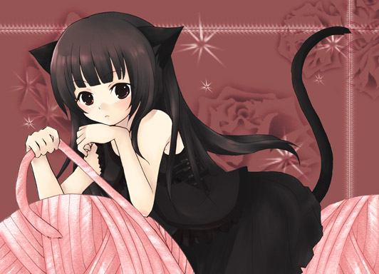 1girl, animal ears, brown hair, cat ears, cat tail, dress, female focus, long hair, solo, tail