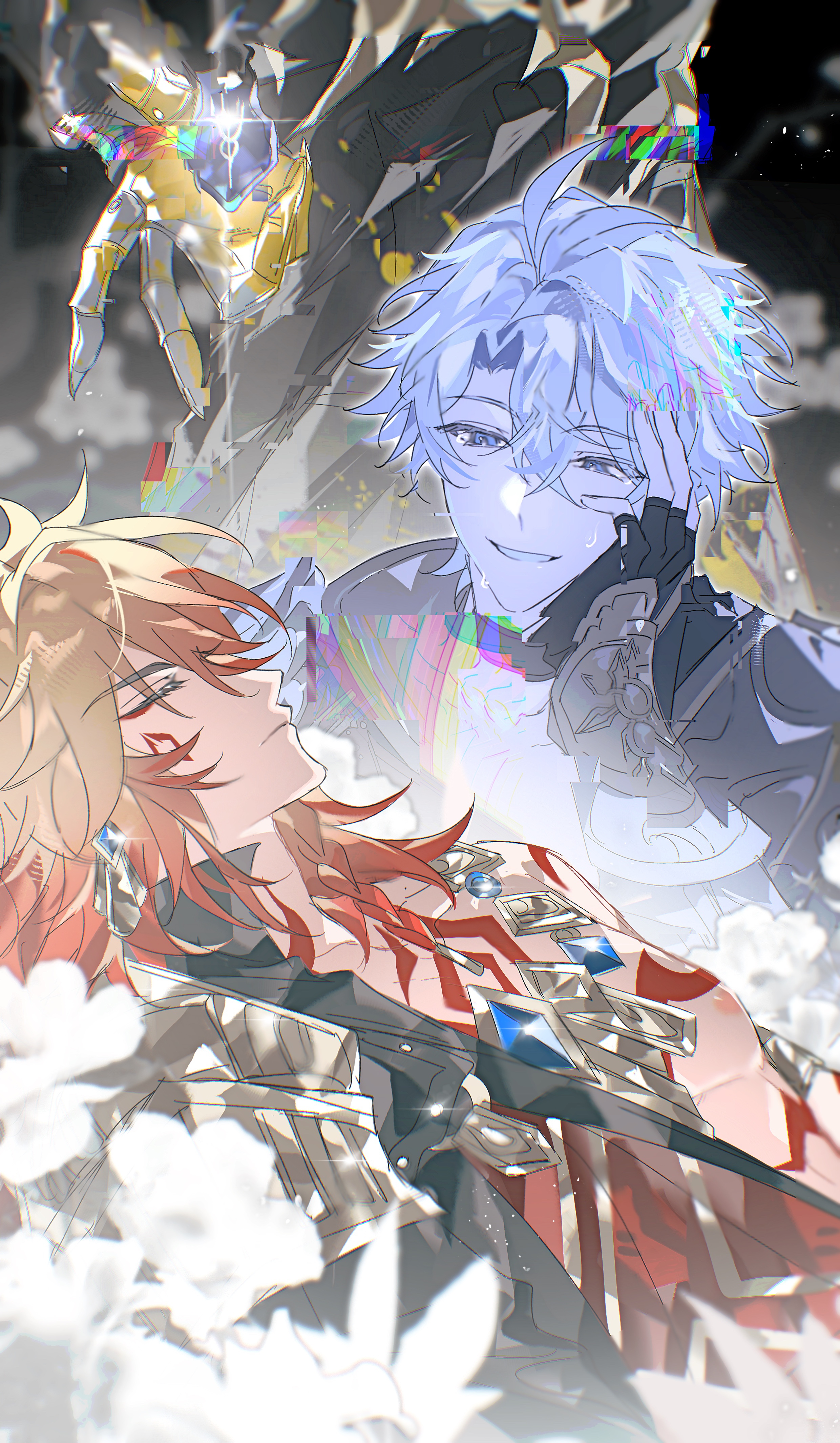liaoxiaoyan0919, flame reaver of the deepest dark, mydei (honkai: star rail), phainon (honkai: star rail), honkai: star rail, honkai (series), absurdres, chinese commentary, commentary request, highres, 2boys, abs, antenna hair, arm tattoo, armor, black choker, black coat, black gloves, black shirt, blonde hair, blue eyes, braid, chest tattoo, choker, closed eyes, coat, coreflame (honkai: star rail), crying, crying with eyes open, earrings, facial tattoo, fingerless gloves, gloves, gold earrings, gold necklace, gradient hair, hair between eyes, hand on own face, jewelry, male focus, medium hair, multicolored hair, multiple boys, necklace, open clothes, open coat, parted bangs, pauldrons, red hair, red tattoo, shirt, short hair, shoulder armor, side braid, single pauldron, tattoo, tears, toned, toned male, white coat, white hair