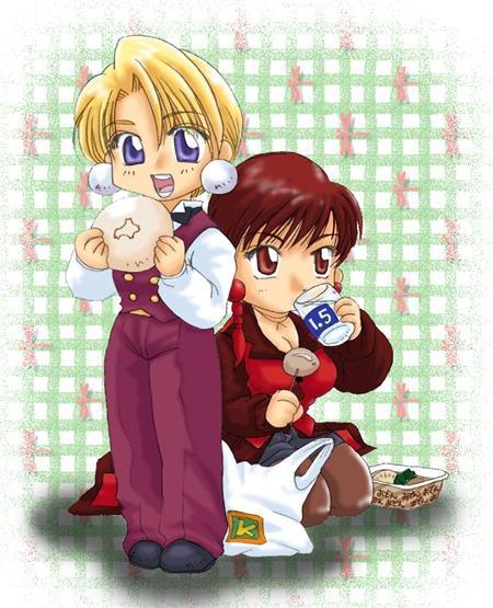king (snk), vice (kof), ryuuko no ken, snk, the king of fighters, bad id, bad pixiv id, md5 mismatch, 2girls, androgynous, chibi, food, multiple girls, pantyhose, reverse trap