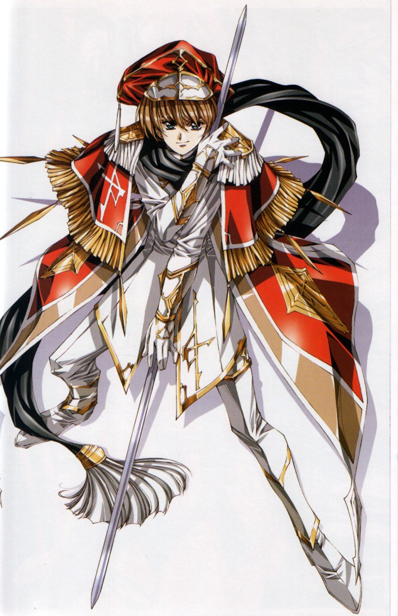 richard, urushihara satoshi, richard (growlanser), growlanser, growlanser i, highres, official art, 1boy, brown hair, cape, fringe trim, gloves, hat, male focus, solo, staff, standing