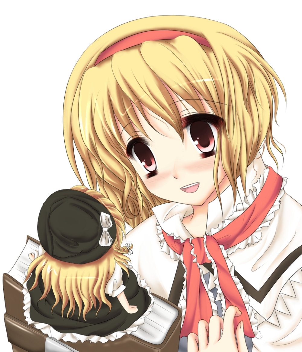 kazumi yoshizu, alice margatroid, kirisame marisa, touhou, 2girls, :d, black dress, blonde hair, capelet, dress, evil smile, female focus, full body, hairband, hat, miniskirt, multiple girls, necktie, open mouth, puffy short sleeves, puffy sleeves, red eyes, red necktie, short sleeves, simple background, sitting, size difference, skirt, smile, upper body, white background, witch hat