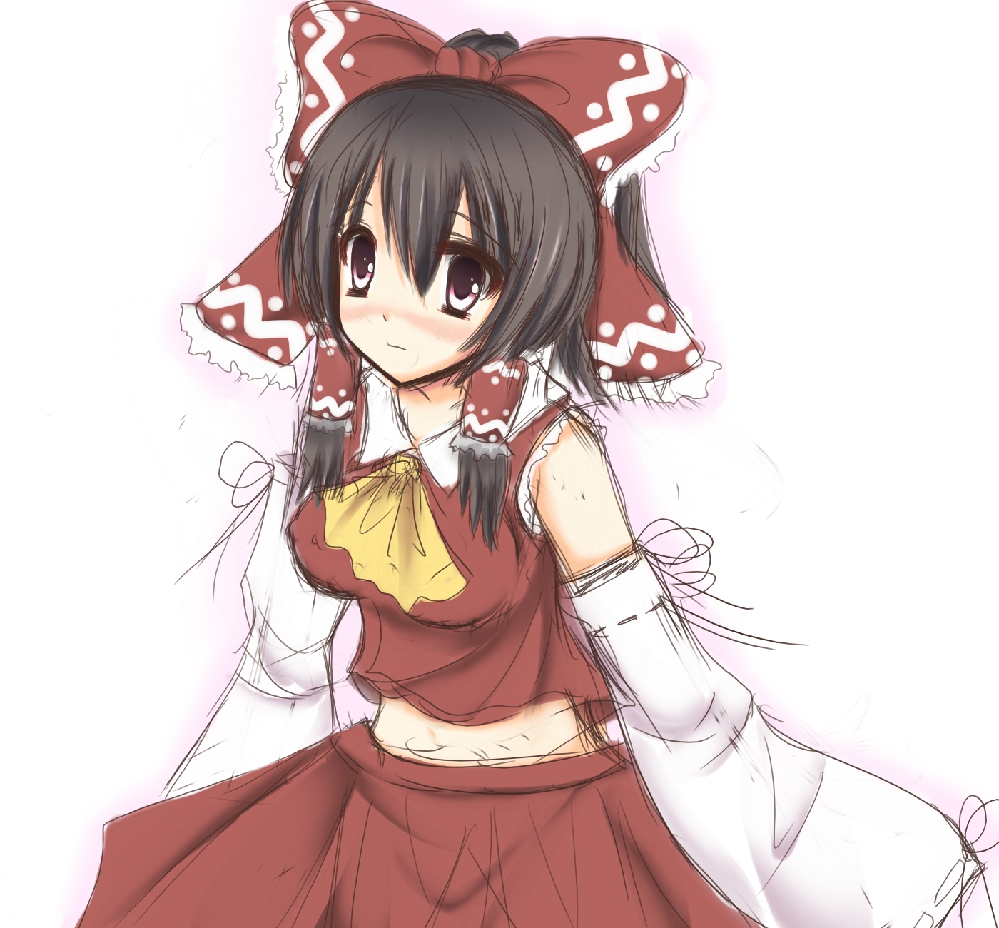 kazumi yoshizu, hakurei reimu, touhou, highres, 1girl, ascot, bow, brown eyes, brown hair, cowboy shot, detached sleeves, female focus, hair bow, long sleeves, midriff, red bow, red skirt, short hair, sidelocks, simple background, skirt, solo, vest, white background