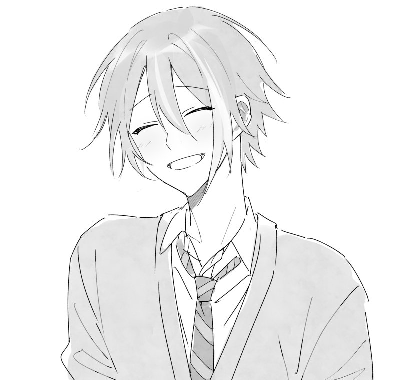 hk (wgyz7222), kamishiro rui, project sekai, commentary, 1boy, closed eyes, collared shirt, diagonal-striped clothes, diagonal-striped necktie, double-parted bangs, facing viewer, kamiyama high school uniform (project sekai), male focus, monochrome, multicolored hair, necktie, school uniform, shirt, smile, solo, streaked hair, striped clothes, upper body