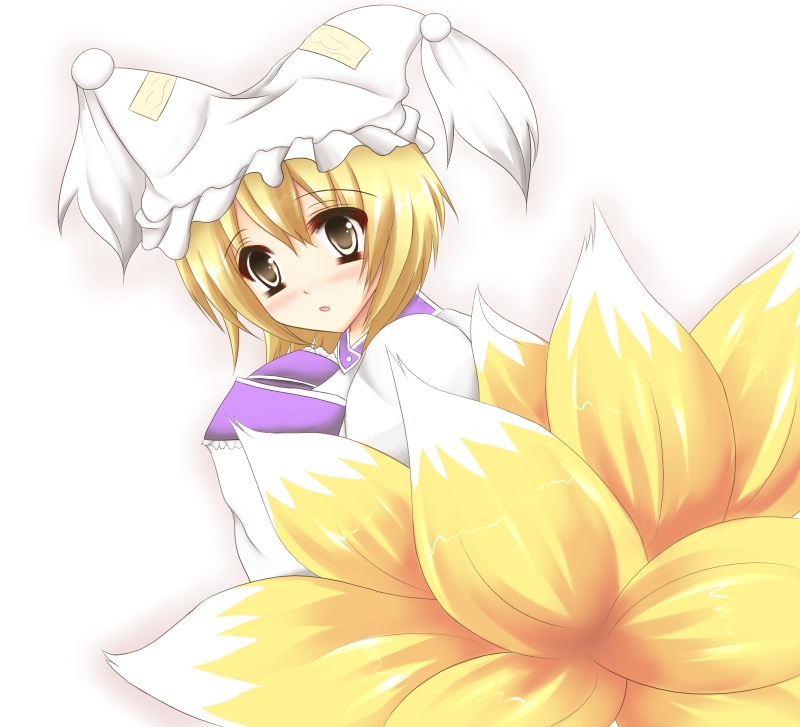 kazumi yoshizu, yakumo ran, touhou, eyebrows, 1girl, :o, animal ears, animal hat, blonde hair, blush, dress, female focus, fox ears, hat, long sleeves, looking at viewer, mob cap, multiple tails, ofuda, parted lips, short hair, smile, solo, tail, tassel, upper body, white background, white dress, wide sleeves