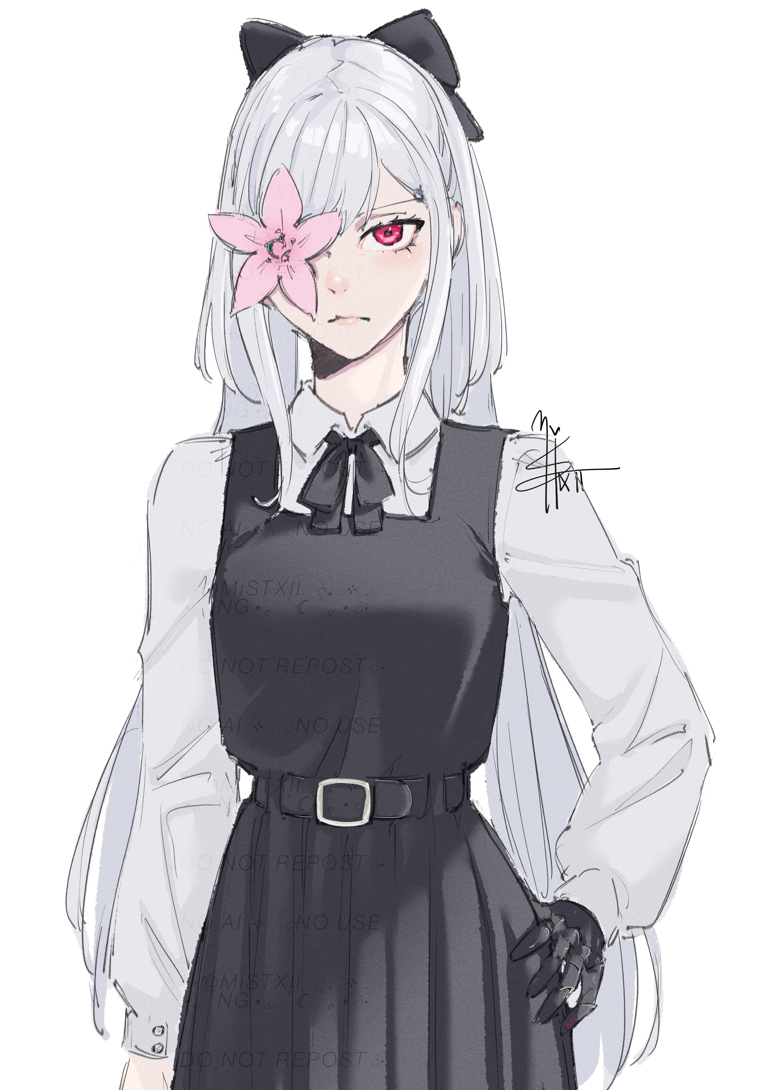 mistxii, zero (drag-on dragoon), drag-on dragoon, drag-on dragoon 3, absurdres, commentary request, highres, 1girl, belt, black belt, black bow, black dress, black ribbon, bow, closed mouth, collared shirt, dress, flower, flower over eye, hair bow, hand on own hip, long hair, long sleeves, looking at viewer, neck ribbon, pinafore dress, prosthesis, prosthetic arm, red eyes, ribbon, shirt, sleeveless, sleeveless dress, solo, white hair, white shirt