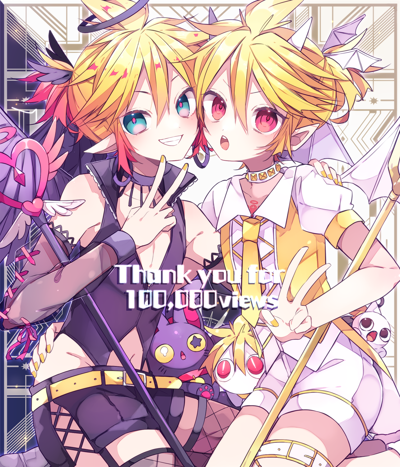 kaho 0102, aimaina, kagamine len, vocaloid, commentary request, highres, 2boys, :o, bare shoulders, bat wings, belt, black halo, black shirt, black shorts, black sleeves, blonde hair, blush, brown thighhighs, choker, collared shirt, cowboy shot, detached sleeves, double-parted bangs, fishnet thighhighs, fishnets, green eyes, hair between eyes, halo, head wings, long sleeves, looking at viewer, male focus, multiple boys, navel, necktie, open mouth, pointy ears, polearm, red eyes, red pupils, see-through clothes, see-through sleeves, shirt, short hair, shorts, sleeveless, sleeveless shirt, thighhighs, trident, v, vest, weapon, white choker, white shirt, white shorts, white wings, wings, yellow belt, yellow necktie, yellow vest