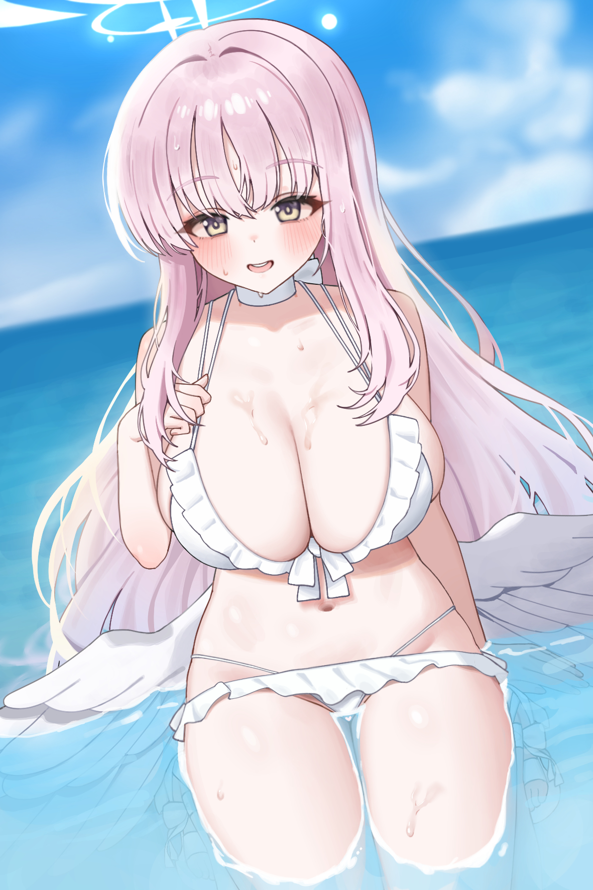 jimwh37, mika (blue archive), mika (swimsuit) (blue archive), blue archive, highres, 1girl, angel wings, bikini, blush, breasts, cleavage, collarbone, feathered wings, frilled bikini, frills, hair between eyes, halo, large breasts, long hair, looking at viewer, low wings, navel, official alternate costume, official alternate hairstyle, open mouth, pink hair, pink halo, smile, solo, stomach, swimsuit, white bikini, white wings, wings, yellow eyes