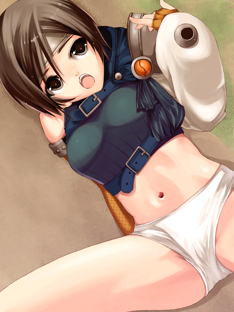 ionosphere, ninja (final fantasy), yuffie kisaragi, final fantasy, final fantasy vii, 1990s (style), 1girl, bare shoulders, brown eyes, brown hair, female focus, gloves, headband, lying, midriff, navel, ninja, no pants, on back, panties, retro artstyle, short hair, sleeveless, sleeveless turtleneck, solo, spread legs, turtleneck, underwear, white panties