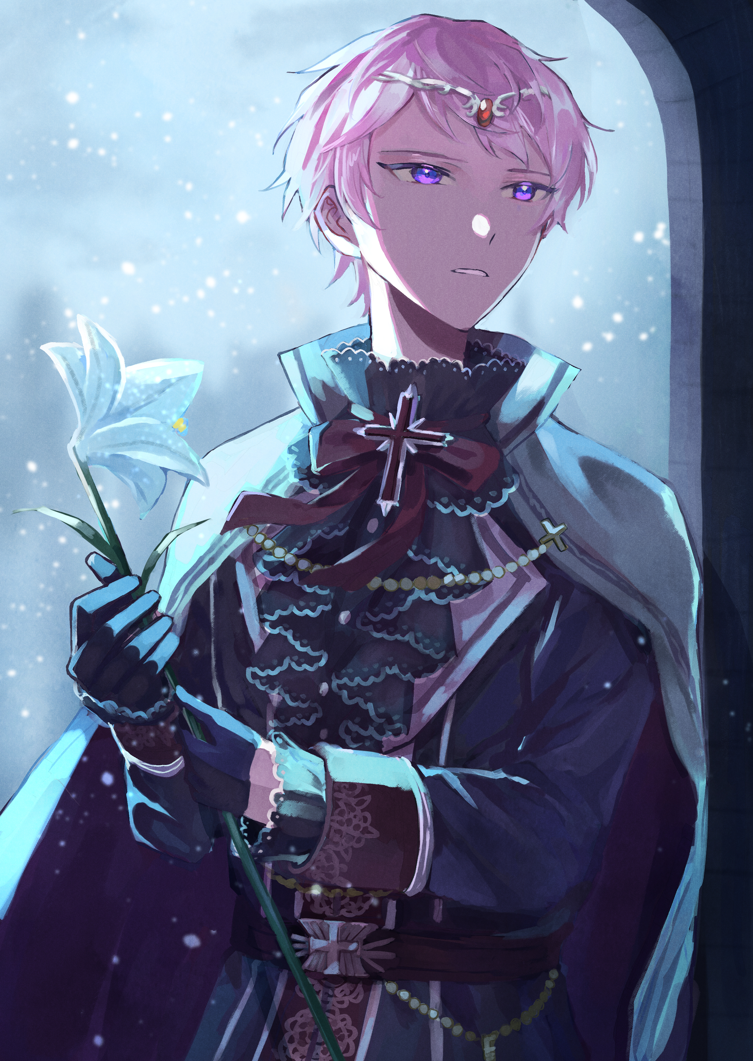 wednesday 108, itsuki shu, ensemble stars!, absurdres, bad id, bad pixiv id, commentary request, highres, 1boy, ascot, belt, black ascot, black coat, black gloves, black shirt, bow, bowtie, buttons, cape, circlet, coat, cowboy shot, cross, flower, frilled shirt collar, frills, gloves, half gloves, high collar, holding, holding flower, lily (flower), long sleeves, male focus, nocturne (ensemble stars!), official alternate costume, parted lips, pink hair, purple eyes, red belt, red bow, red bowtie, shirt, short bangs, short hair, sleeve cuffs, snowing, solo, upper body, white cape, white flower