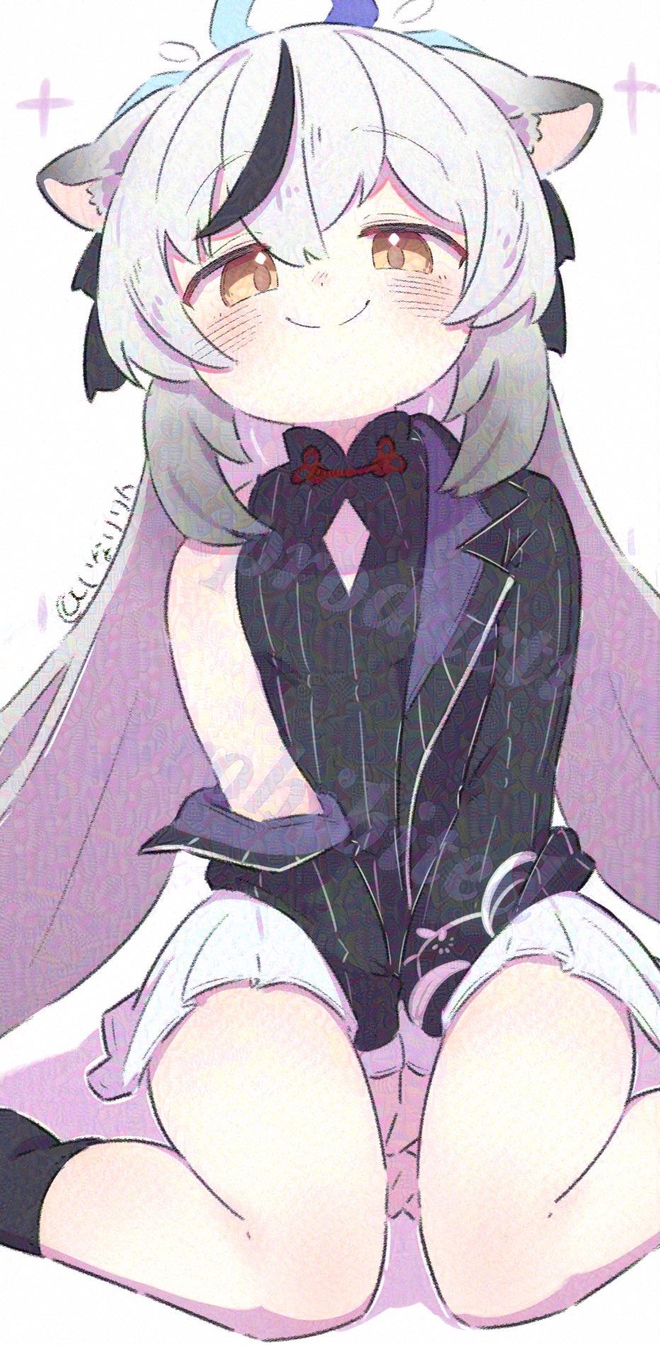 inaririn, kokona (blue archive), blue archive, highres, 1girl, animal ears, between legs, black dress, black hair, black jacket, black socks, blue halo, blush, brown eyes, chinese clothes, closed mouth, diamond cutout, dress, grey hair, halo, hand between legs, jacket, long hair, looking at viewer, multicolored hair, off shoulder, simple background, sitting, skirt, smile, socks, solo, streaked hair, striped clothes, striped dress, tiger ears, twitter username, vertical-striped clothes, very long hair, wariza, white background, white skirt