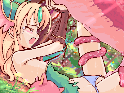 takayaki, riesz, seiken densetsu, seiken densetsu 3, lowres, 1girl, bestiality, blonde hair, blush, crying, female focus, flat chest, interspecies, monster, nipples, oekaki, panties, rape, solo, struggling, tears, tentacles, underwear