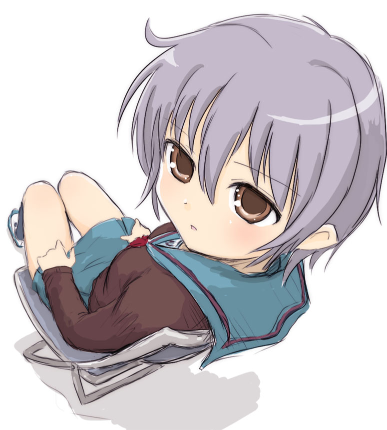 yuuichi (tareme paradise), nagato yuki, suzumiya haruhi no yuuutsu, eyebrows, hands on thighs, 00s, 1girl, blue skirt, blush, brown eyes, cardigan, female focus, from above, from behind, full body, hair between eyes, kneehighs, long sleeves, looking at viewer, miniskirt, parted lips, purple hair, red ribbon, ribbon, school uniform, serafuku, shadow, short hair, silhouette, sitting, skirt, socks, solo, thigh gap