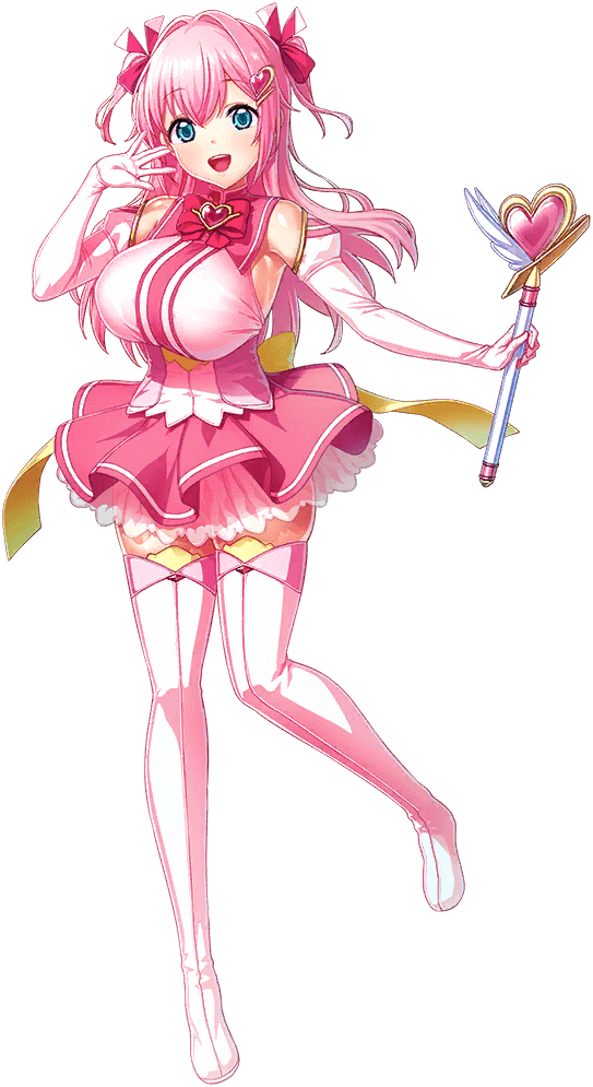 satou kuuki, asahina akari (aisei tenshi love mary), aisei tenshi love mary akusei jutai, eden's ritter grenze, third-party source, 1girl, :d, aqua eyes, bare shoulders, blue eyes, blush, boots, bow, bowtie, breasts, brooch, dress, elbow gloves, full body, gloves, hair intakes, hair ornament, hair ribbon, hairclip, hand up, heart, heart brooch, heart hair ornament, holding, holding wand, huge breasts, jewelry, large breasts, long hair, looking at viewer, magical girl, open mouth, pink gloves, pink hair, pink skirt, ribbon, skirt, sleeveless, smile, solo, standing, standing on one leg, tachi-e, teeth, thigh boots, thighhighs, transparent background, two side up, upper teeth only, wand, white gloves, zettai ryouiki