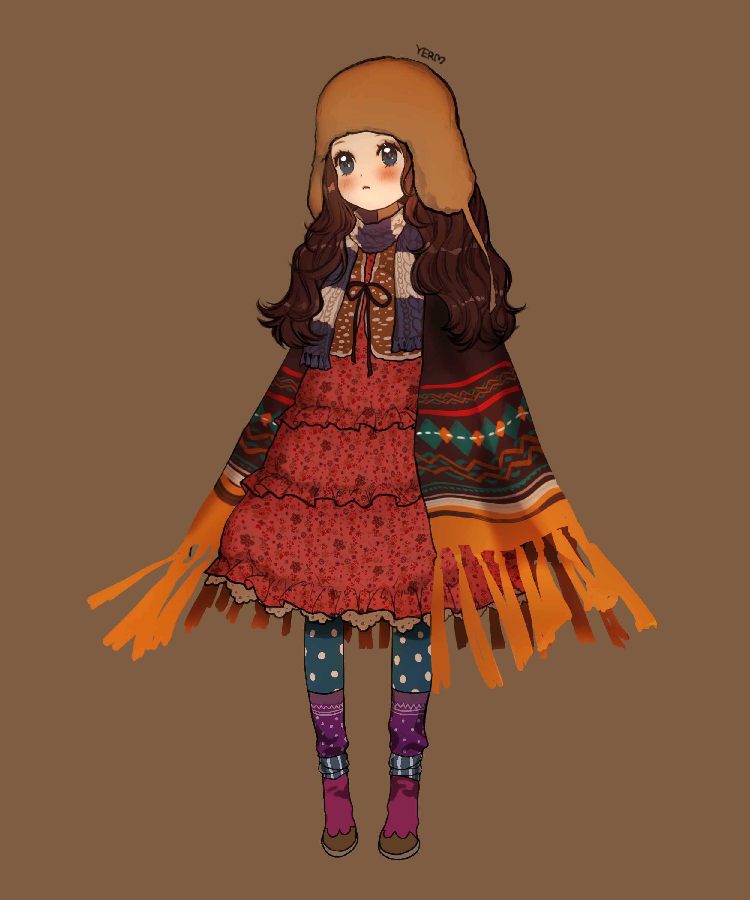 yerm, original, absurdres, highres, 1girl, artist name, beanie, blue eyes, blush, brown background, brown hair, cloak, closed mouth, dress, earflap beanie, floral print, frilled dress, frills, fringe trim, full body, hat, long hair, multicolored leggings, patterned clothing, petticoat, polka dot, polka dot legwear, ribbon, scarf, socks, standing, striped clothes, striped scarf, striped socks, vest, wavy hair, white petticoat