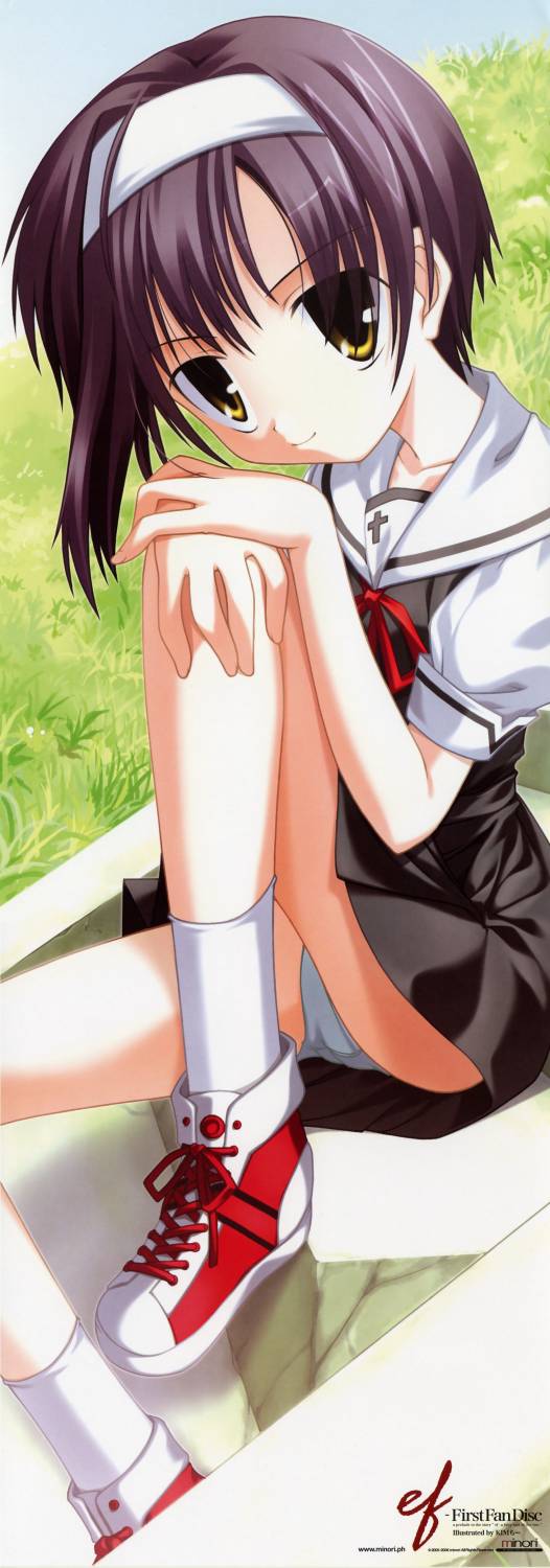 shindou kei (ef), ef (visual novel), highres, 00s, grass, panties, school uniform, serafuku, sky, stairs, underwear