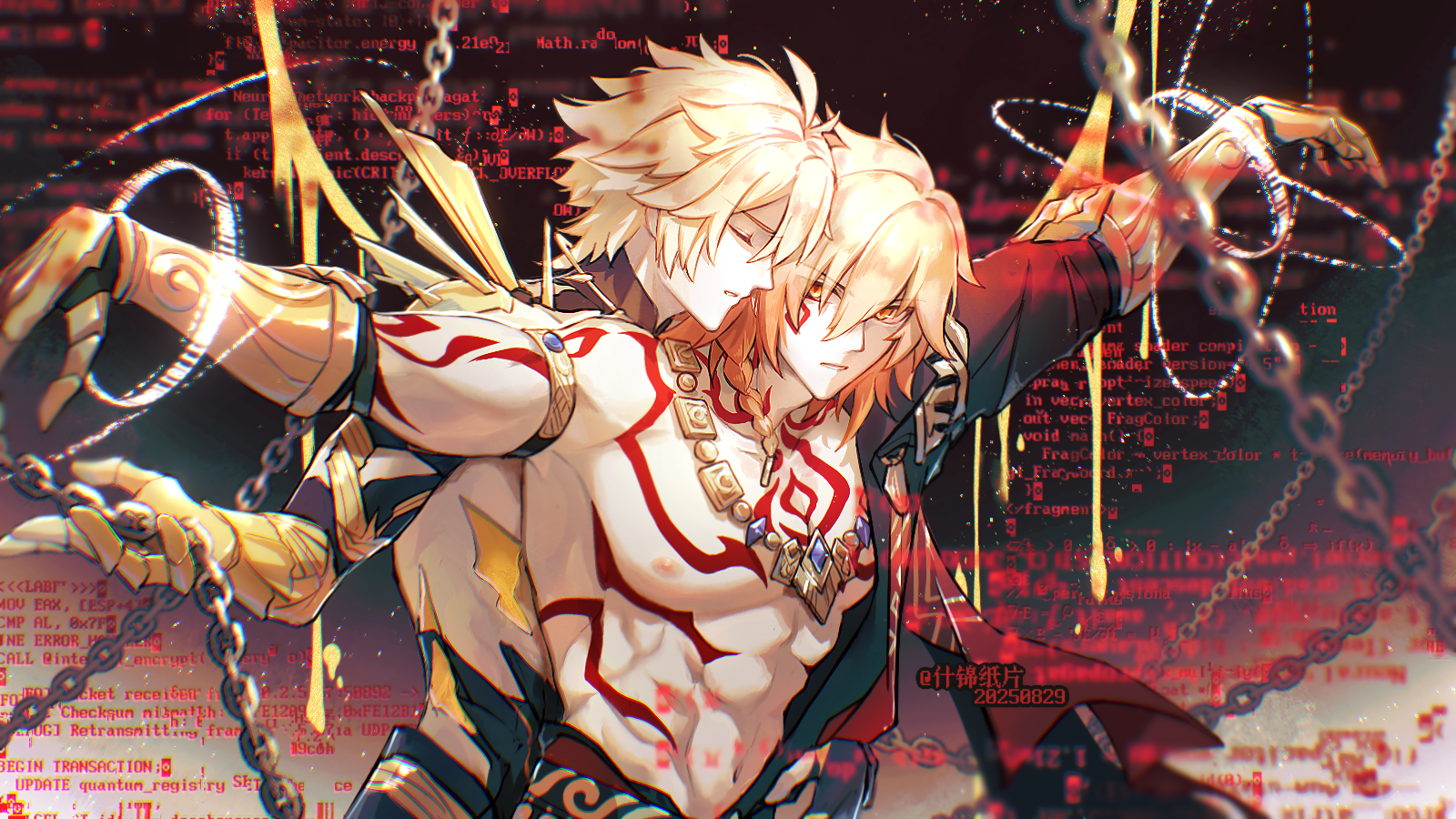 7mo (nanakami), mydei (honkai: star rail), phainon (honkai: star rail), honkai: star rail, honkai (series), chinese commentary, commentary request, highres, 2boys, abs, alternate form, arm tattoo, armlet, armor, black coat, blonde hair, bound, braid, chain, chest tattoo, clawed gauntlets, coat, cracked skin, earrings, facial tattoo, glitch, gold earrings, gold necklace, gradient hair, hair between eyes, jewelry, male focus, material growth, medium hair, multicolored hair, multiple boys, necklace, open clothes, open coat, pauldrons, red hair, red tattoo, restrained, short hair, shoulder armor, side braid, single pauldron, tattoo, toned, toned male, yaoi, yellow blood, yellow eyes