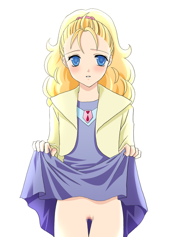 harapeko, krile mayer baldesion (ff5), final fantasy, final fantasy v, 1990s (style), 1girl, blonde hair, blue eyes, blush, censored, clothes lift, female focus, mosaic censoring, no panties, ponytail, pussy, retro artstyle, simple background, skirt, skirt lift, solo