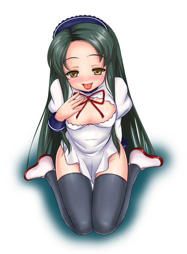 nagii, tsuruya, suzumiya haruhi no yuuutsu, 00s, 1girl, breasts, cleavage, female focus, green hair, long hair, maid, small breasts, solo, thighhighs, tongue, very long hair, yellow eyes