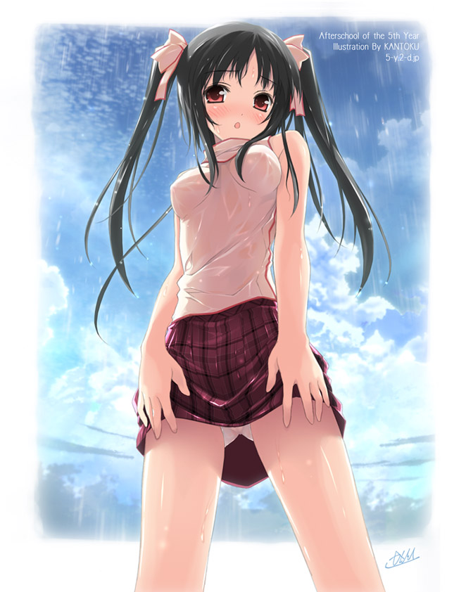 kantoku, original, 1girl, bare arms, bare shoulders, black hair, blush, chestnut mouth, clothes lift, covered erect nipples, female focus, hair ribbon, long hair, open mouth, panties, pantyshot, rain, red eyes, ribbon, see-through clothes, shirt, skirt, skirt lift, sky, solo, twintails, underwear, upskirt, wet, wet clothes, wet panties, wet shirt, white panties