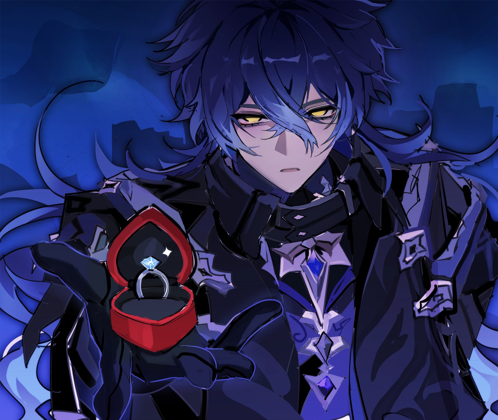 ichi (010 ichi), flins (genshin impact), genshin impact, highres, 1boy, black gloves, black jacket, blue background, blue hair, gloves, hair between eyes, jacket, jewelry, long hair, looking at viewer, male focus, ring, solo, upper body, yellow eyes