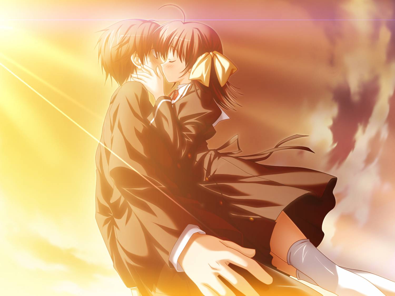 nanao naru, hirono hiro, miyamura miyako, ef (visual novel), 00s, 1boy, 1girl, blush, bow, brown hair, closed eyes, cloud, couple, hair bow, hetero, kiss, ribbon, school uniform, serafuku, sky, sunset, thighhighs