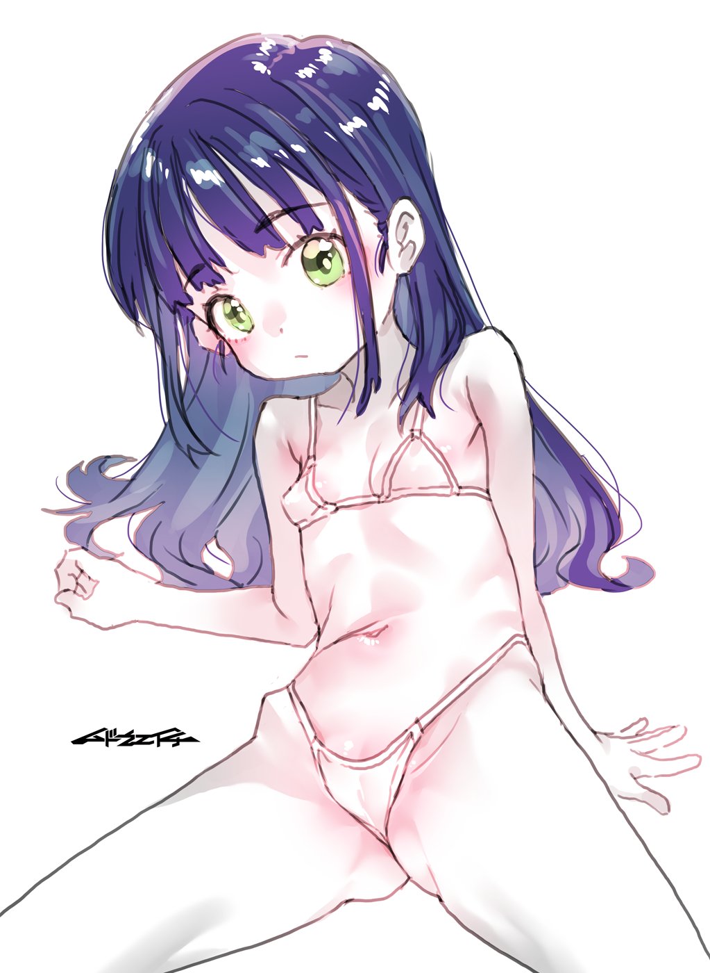 mudou eichi, original, highres, 1girl, bikini, blue hair, breasts, green eyes, hand on floor, long hair, looking at viewer, sitting, small breasts, solo, swimsuit, white background
