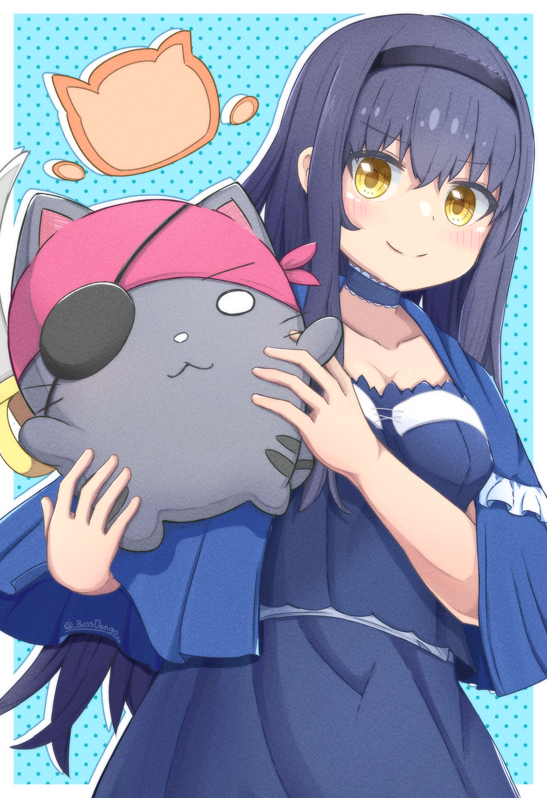 boss9331, kushima kamome, summer pockets, commentary request, highres, making-of available, >:), 1girl, :3, black camisole, black choker, black hair, black hairband, black skirt, blue background, blue capelet, blush, border, breasts, camisole, capelet, choker, cleavage, closed mouth, collarbone, cowboy shot, drop shadow, eyepatch, film grain, frilled capelet, frilled choker, frills, hair between eyes, hairband, hands up, holding, holding stuffed toy, large breasts, long hair, looking at viewer, one eye covered, outside border, polka dot, polka dot background, simple background, skirt, smile, solo, split mouth, straight hair, stuffed animal, stuffed cat, stuffed toy, v-shaped eyebrows, very long hair, white border, yellow eyes