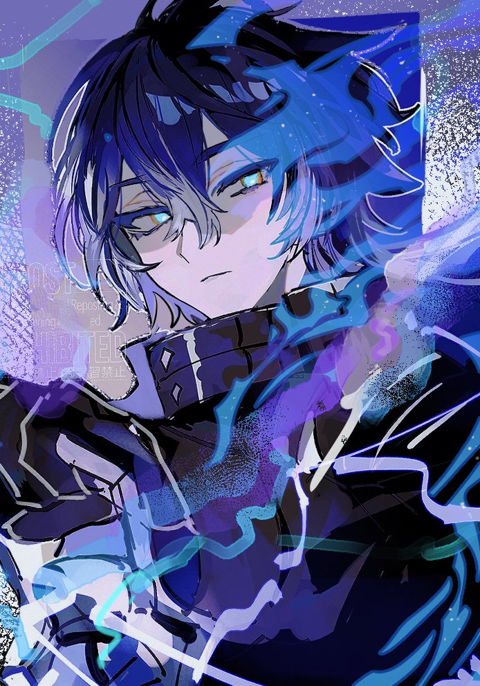 loomyoi2, flins (genshin impact), genshin impact, 1boy, black gloves, black hair, black jacket, blue eyes, blue fire, blue hair, closed mouth, fire, gloves, hair between eyes, jacket, long sleeves, looking at viewer, male focus, multicolored hair, short hair, solo, upper body