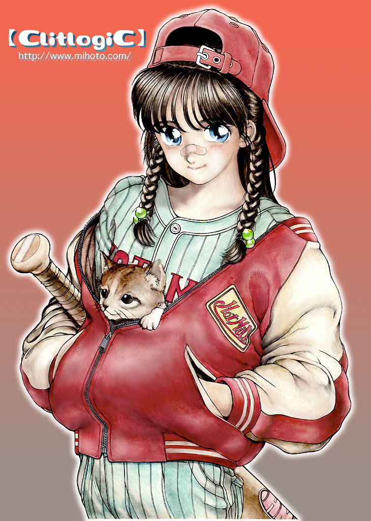 clitlogic, mihoto kouji, bandaid, baseball, baseball bat, braid, cat, jacket, tomboy