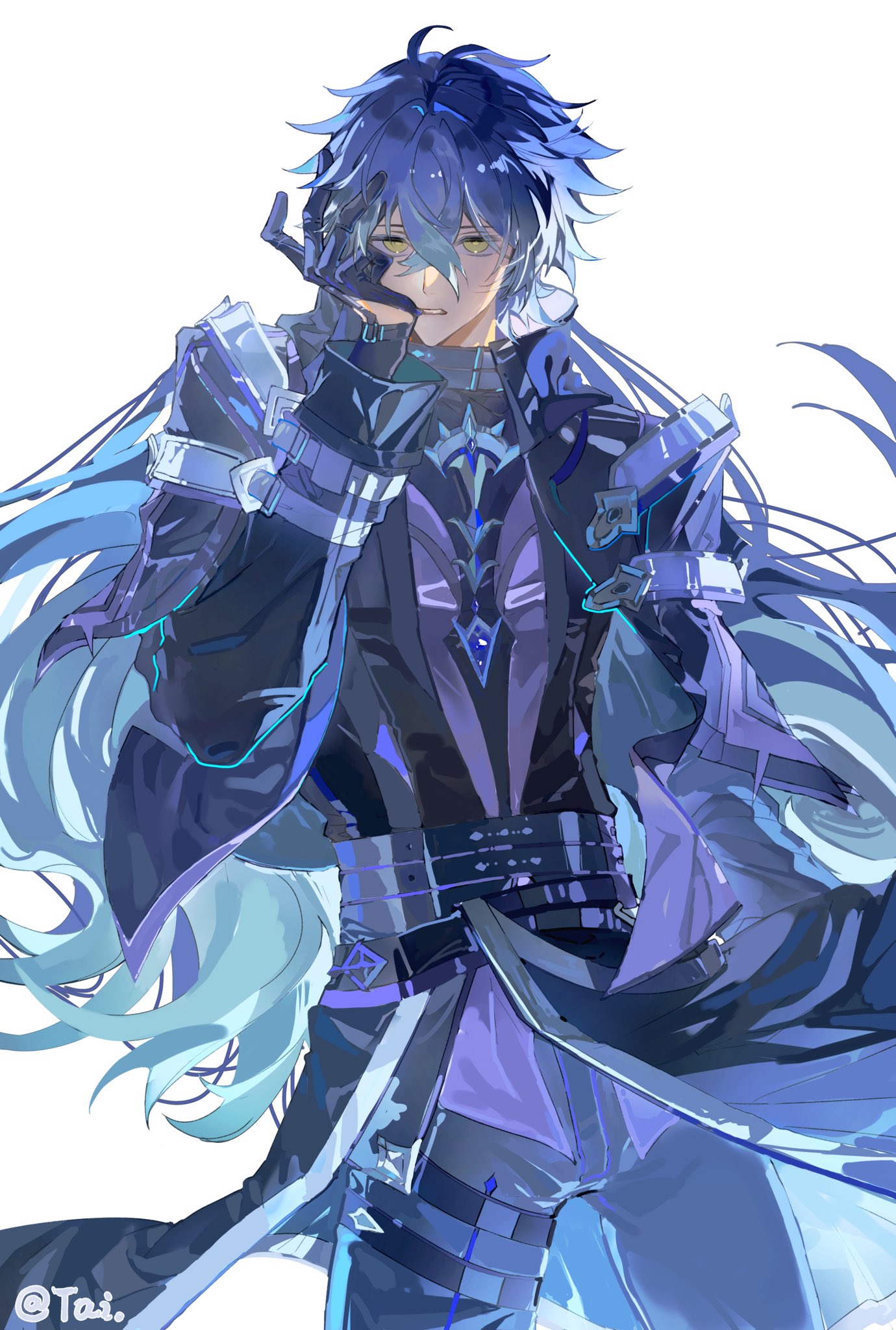 flins (genshin impact), genshin impact, highres, 1boy, belt, biting, biting glove, black gloves, black jacket, black pants, black shirt, blue hair, coat, cowboy shot, crossed bangs, gloves, hair between eyes, hand up, jacket, long hair, long sleeves, looking at viewer, male focus, multicolored hair, pants, parted lips, peacharun, shirt, simple background, solo, standing, twitter username, very long hair, white background, yellow eyes