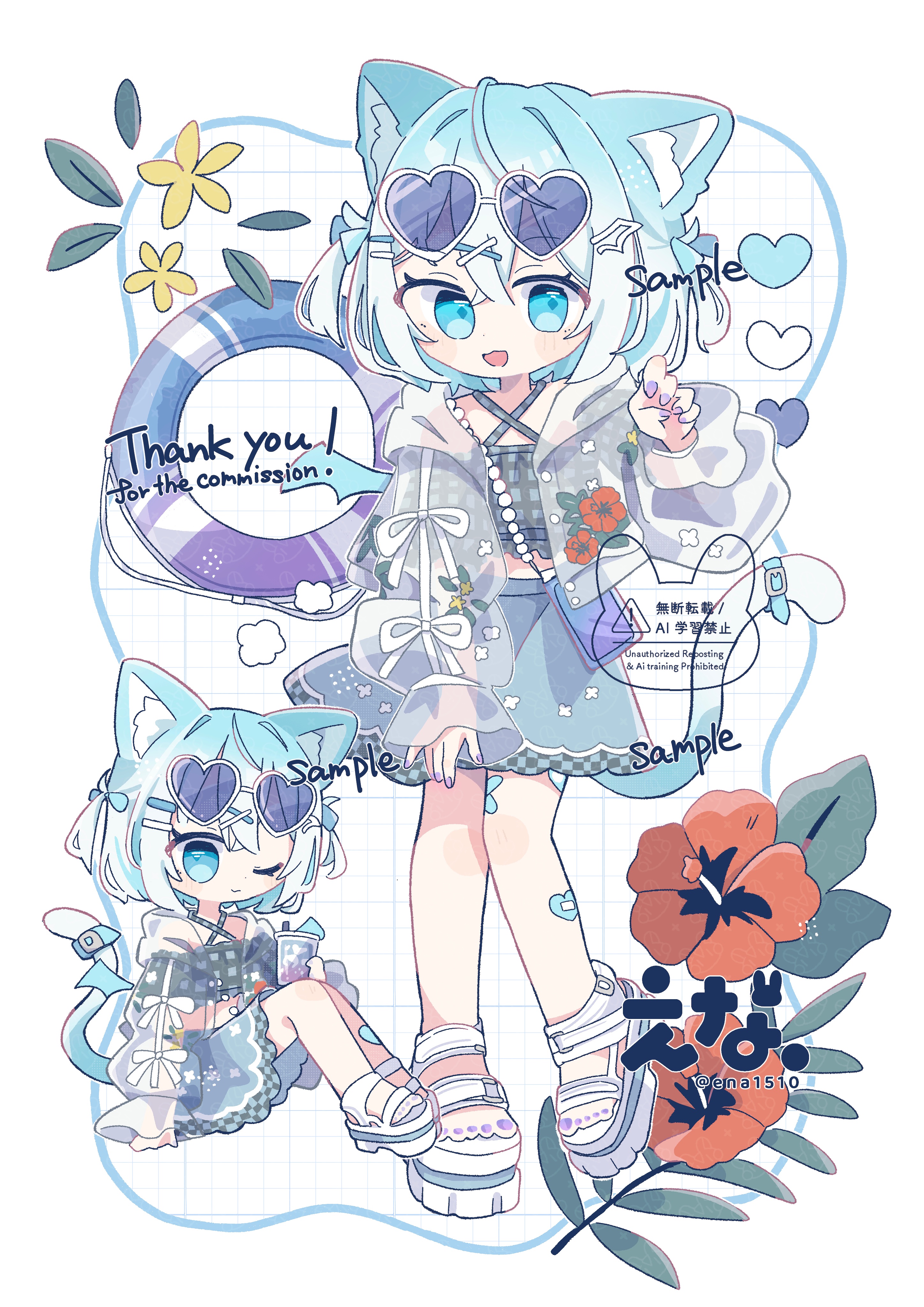 ena 1510, original, absurdres, commentary, highres, 1girl, :d, ;), animal ear fluff, animal ears, artist name, bandaid, bandaid on leg, belt, bikini, blue belt, blue bikini, blue hair, blush stickers, cat ears, cat girl, cat tail, chibi, closed mouth, flower, full body, gradient hair, hand up, hood, hood down, hoodie, long sleeves, looking at viewer, multicolored hair, multiple views, nail polish, one eye closed, open clothes, open hoodie, open mouth, purple nails, red flower, sandals, see-through clothes, see-through hoodie, short hair, smile, standing, swimsuit, tail, tail belt, thank you, twitter username, two-tone hair, watermark, white background, white hair, white hoodie, white sandals